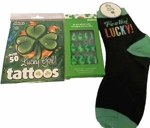 St Patrick's Day Bundle Ladies Socks, Tattoos, And Faux Nails. Fast Shipping - Picture 1 of 9