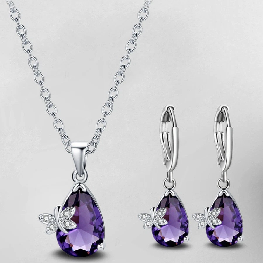 Jewelry Set Butterfly Mystical Purple Amethyst Gemstone Silver Pendant Earrings - Image 1 of 4