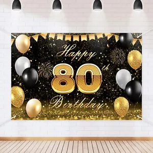 Black Gold Happy 80th Birthday Backdrop Banner Glitter Black Gold Theme Photo... - Picture 1 of 7