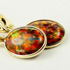 14k Gold Earrings Leverback, Created Red Brown Opal, E101 - Picture 1 of 6