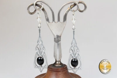 Orecchini In Argento Sterlingo 925 Onice Strass Stile Art Deco Per Donne - Immagine 1 di 4