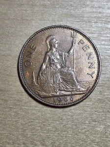 Great Britain 1 Penny coin, 1966. KM# 897, bronze. Queen Elizabeth II. Britannia - Picture 1 of 4