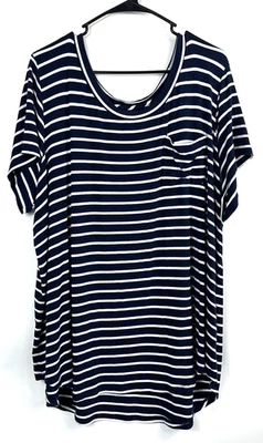 Market Spruce Para Mujer Azul Marino Blanco Rayas Cuello Redondo Bolsillo Manga Corta Causal 3X Foto 1 de 4