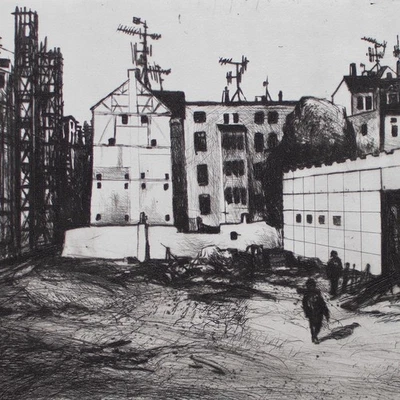 Lutz Voigtmann Stadt Stadthäuser Chemnitz? DDR Ostdeutsche Kunst Radierung 20 Jh - Bild 1 von 4