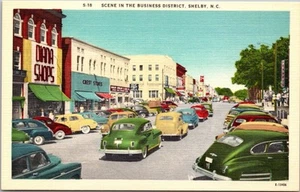 Old Cars Scene in Business District Shelby North Carolina VTG Linen Postcard B39 - Picture 1 of 2