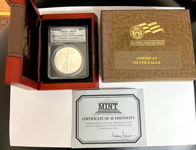2014-S SILVER AMERICAN EAGLE FIRST DAY OF ISSUE COIN ANACS MS70 WOOD BOX - Image 1 of 4