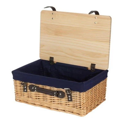 46cm Buff Navy Lined Willow Empty Picnic Basket with Pinewood Lid - Image 1 of 4