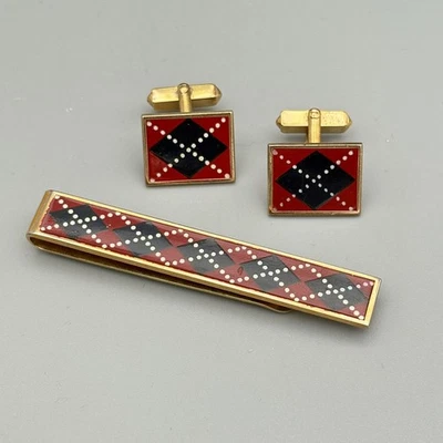 Vintage Swank Cufflinks Tie Bar Set Enamel Argyle Red Blue Preppy Classic - Image 1 of 4