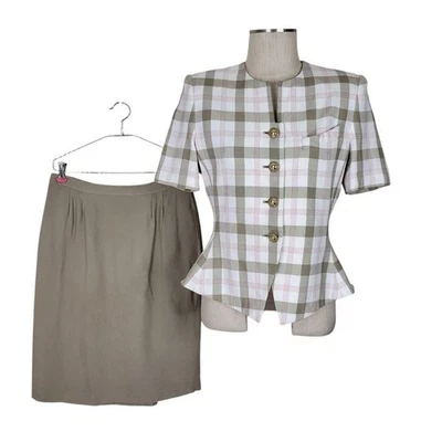 Le 西装裙套装尺寸 12P 棕褐色粉色白色格子短袖 4 纽扣西装外套 — 第 1/4 张图片