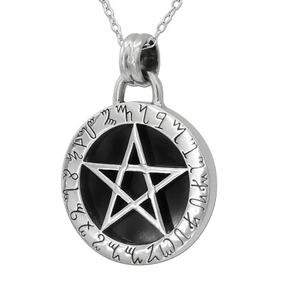 Sterling Silver Rune Pentacle Pentagram Pendant Black Scrying Mirror Necklace - Image 1 of 4