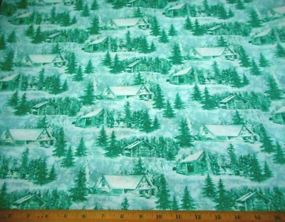 Tela de edredón por yarda VENTA esquí campo invierno cabina escénico verde algodón premium C Foto 1 de 2