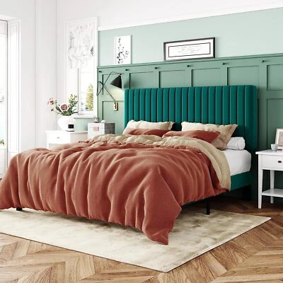 Cama Sifurni Marco Terciopelo Tapizado Plataforma Cama y Cabecero Ajustable, Verde Foto 1 de 4