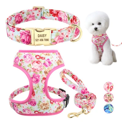Floral Dog Harness Collar and Leash set With Custom Personalized ID Nameplate - Image 1 of 4