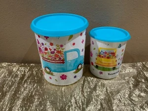 Tupperware Beautiful New Set of 2 Canisters 3.1L & 1.3L Trucks and Flowers Theme - Picture 1 of 11