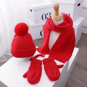 3 Pcs Kids Winter Beanie Hat Scarf Gloves Set Knitted Thick Warm Fleece Lined - Picture 1 of 9