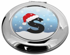 Letter 'S' Wearing a Santas Hat Make-Up Round Compact Mirror Girly Gift, A-19CMR