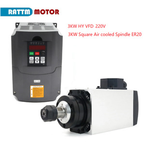 【EU】Square 3KW Air Cooled Spindle Motor ER20 18000rpm+VFD Inverter 220V CNC Kit
