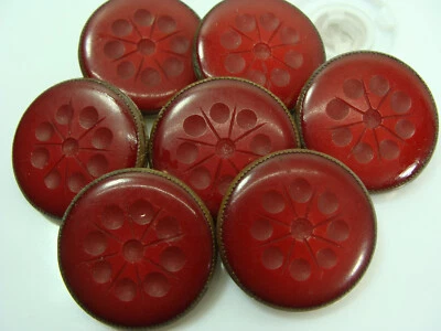 Vtg Bakelite Carved Art Deco Dot Design Red Metal Back 7 pc Round Set Button Lot - Image 1 of 4