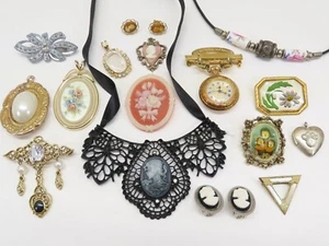 Vintage Schmuckset viktorianisch verzierte verzierte Glasimitatkamee + D2506 - Bild 1 von 16