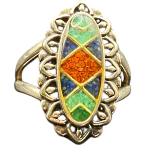 Carolyn Pollack 925 Sterling Silver Ring Oval Mosaic Multistone Chips Size 8 - Picture 1 of 10