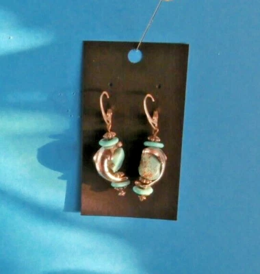 EARRINGS - SILVER HOOK WIRES - DOLPHIN AND TURQUOISE BEADS #4 - Image 1 of 4