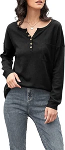 NWT SZ S Long Sleeve V-Neck Button Causal Tops Blouse T Shirt Waffle Knit - Picture 1 of 6