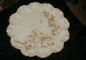 FAVOLOSO VECCHIO PIATTO LIMOGES FRANCESE DIPINTO A MANO BORDO SMERLATO, FIORI DI MELO - Foto 1 di 5