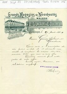 Dépt 33- Bordeaux 42 Place Gambetta - Belle Entête Grands Magasins du 27/08/1909 - Imagen 1 de 1