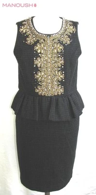 Manoush - Kleid Schößchen Wolle Grau Schwarz & Perlen Gold Größe 42 - Top - Bild 1 von 4