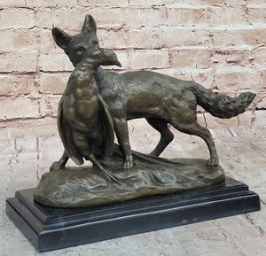 EMILE TRUFFOT POACHER FOX & PHEASANT BRONZE SCULPTURE MARBLE BASE FIGURINE DECOR - Picture 1 of 10