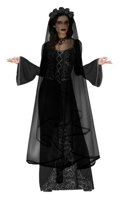 FIESTAS GUIRCA, S.L Haarreif mit langem schwarzem Schleier und Blumen Kopfbedeckung Halloween