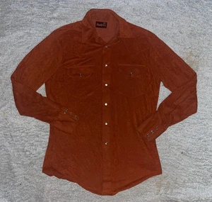 VTG 80s Ranchaire Pearl Snap Burnt Orange Velvet Velour Western Shirt Mens Sz M - Picture 1 of 9
