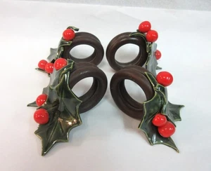 Holly Napkin Rings with Bright Red Berries, Holiday Table Decor,  Set of 4 - Picture 1 of 6