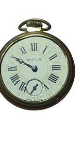 Orologio da tasca vintage WESTCLOX meccanico Windup quadrante bianco tono oro parti funzionanti - Foto 1 di 9