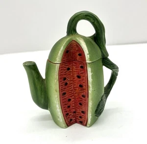 Vtg Miniature Ceramic Watermelon Teapot w/Lid Hand Painted EUC Vines Leaves - Imagen 1 de 8