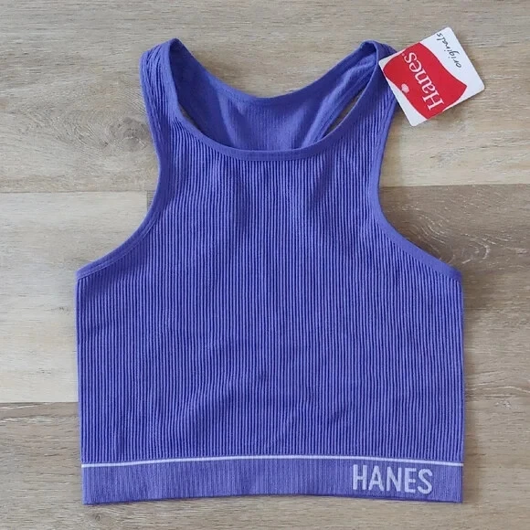 Hanes Originals Women's Ribbed Cropped Seamless Sports Bra Purple Size M