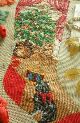 Cute Kittens Near Decorated Christmas Tree Needlepoint Canvas Preworked Handmade - Image 1 of 4