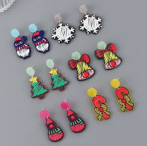 Holiday Dangle Drop Charm Earrings Christmas Snowman Tree Snowflake Jingle bell - Picture 1 of 8