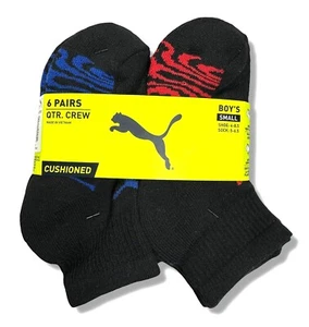 PUMA SOCKS BOYS X6 - QUARTER 243 DECO - BLACK SZ SMALL - SHOE SZ 4-8.5 - 6 PACK - Picture 1 of 2