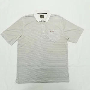 Greg Norman L Cream and Black Stripe 100% Polyester Short Sleeve Polo Golf Shirt - Picture 1 of 10