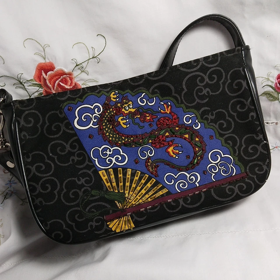 Black Handbag Purse With Beaded Dragon Print - Image 1 of 4