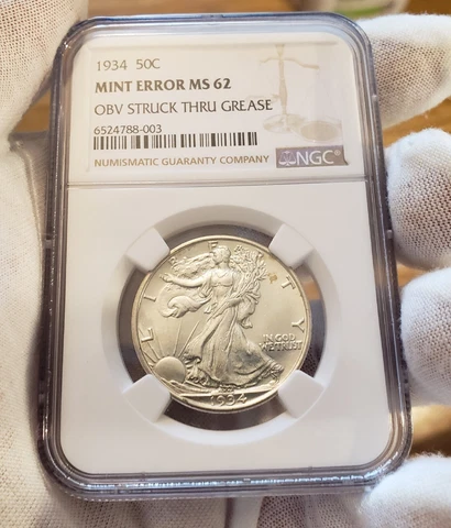 1934 50c Mint Error Walking Liberty Half Dollar Obv Struck Thru Grease Cover