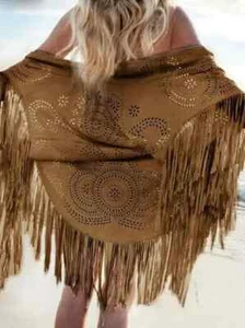 Poncho donna vintage mantelle scialle nappa frange scavate floreale scamosciato 2025 - Foto 1 di 36