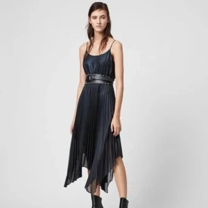 AllSaints Lerin Black/Navy Metallic Pleated Sleeveless Asymmetric Midi Dress S - Picture 1 of 9