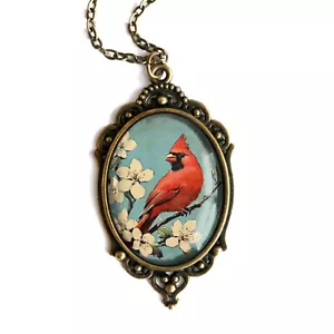 Collar Colgante Retro Cardenal Ornado - Ovalado - Cabujón de Vidrio - Imagen 1 de 6