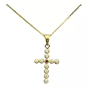 9ct 9k Yellow Gold Natural Red Ruby + Zirconia Crucifix Cross Pendant. New - Picture 1 of 8