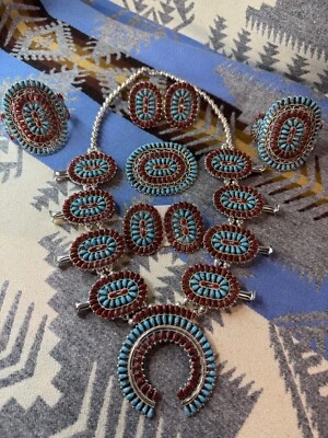 native american stamped sterling silver 7pc squash blossom set - Image 1 of 4