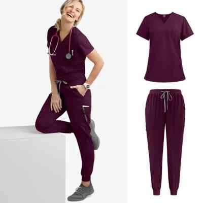 Jogger Suits Doctor Nursing Uniforms V-neck Tops Pocket Pants Nurse Scrubs Set - Image 1 of 4