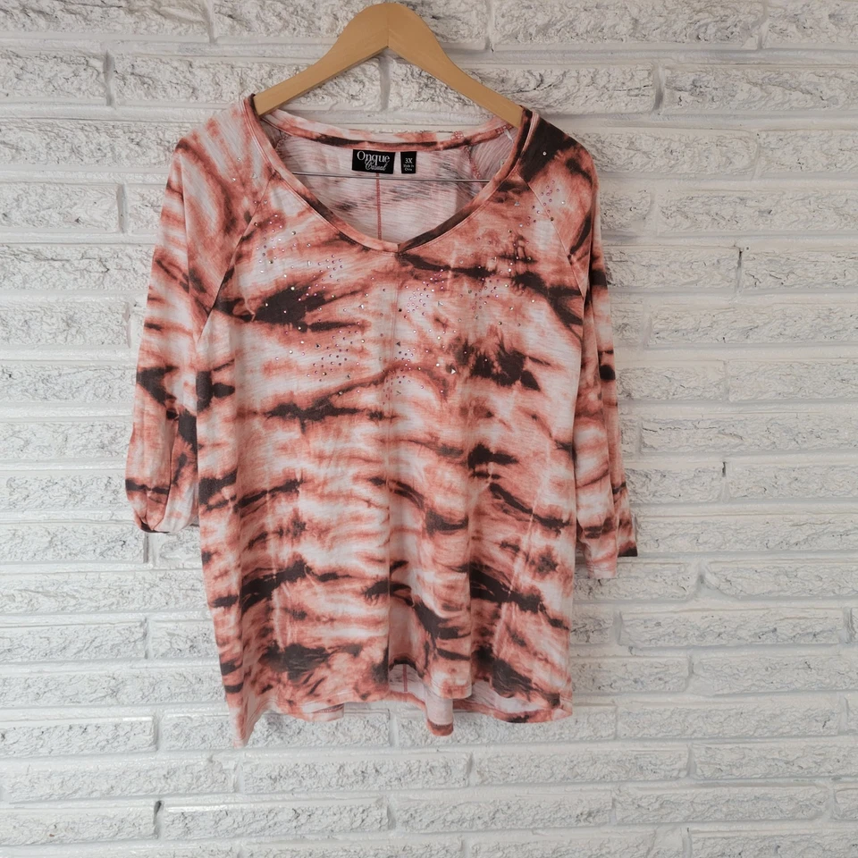 Onque Casual Womens Top 3X Plus Tee 3/4 Sleeve Pink Black Tie Dye Studded Comfy - Image 1 of 4