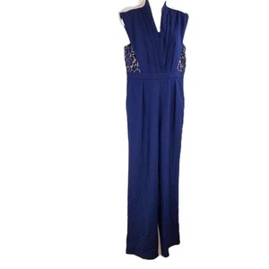 Little Mistress Navy V-Neck Floral Lace Detail Pleat Jumpsuit UK 14 NWT - Picture 1 of 6